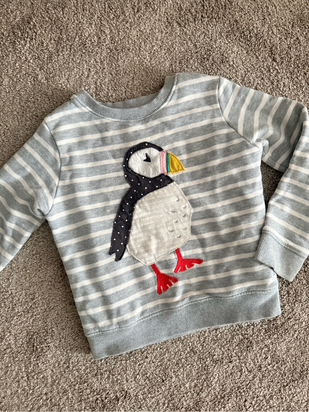 Mini Boden Striped Puffin Appliqué Sweatshirt - Light Gray & White - Kids